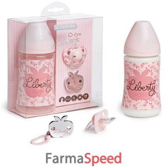 suavinex biberon da 270 ml con tettarella anatomica m1 + succhietto anatomico in silicone da 0 a 6 mesi + clip gioiello rosa